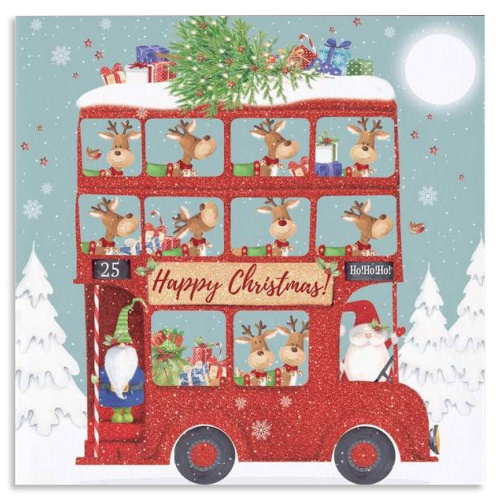 Santa & His Reindeer On The Bus Christmas Card